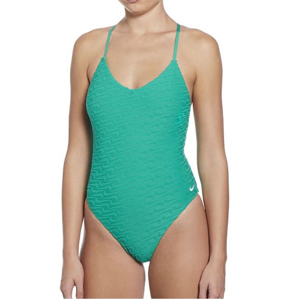 NIKE Swoosh Textured One Piece Swimsuit V Neck Y Back NEW Green Terry XL